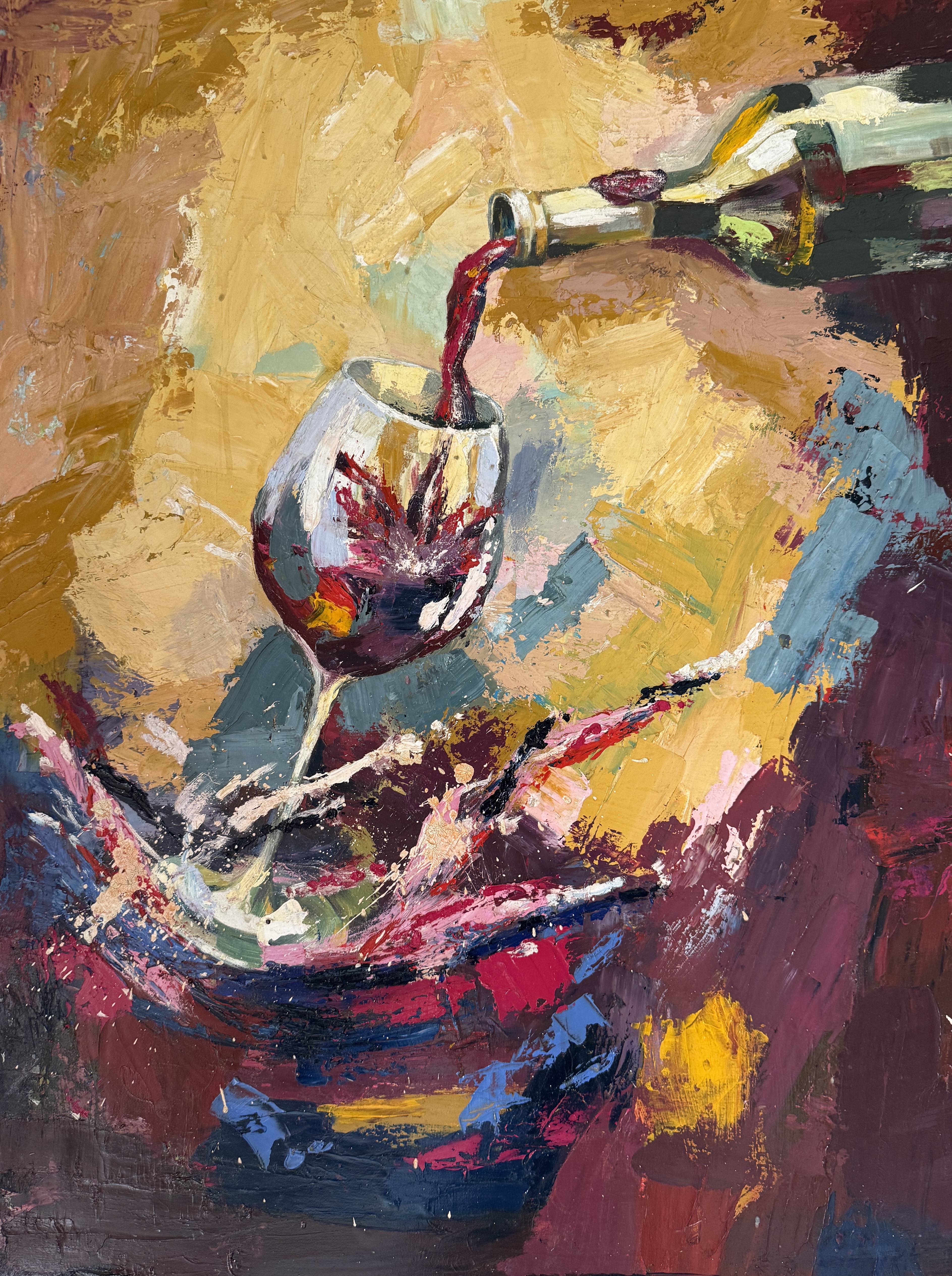 Original oil painting of red wine pouring into a glass, with expressive gold and burgundy brushwork