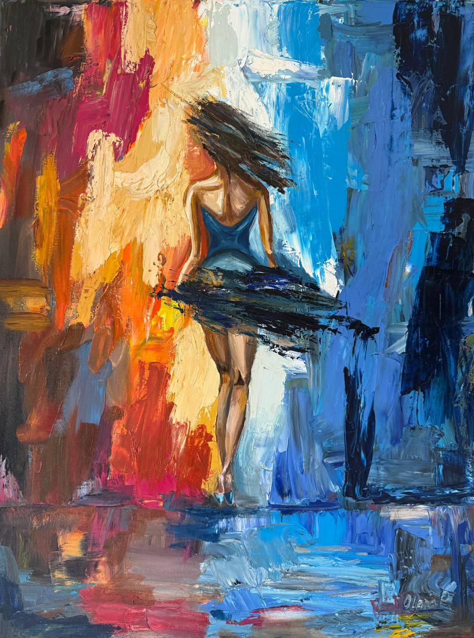 Original oil painting of a woman in a sweeping skirt against vivid blue, gold and red strokes